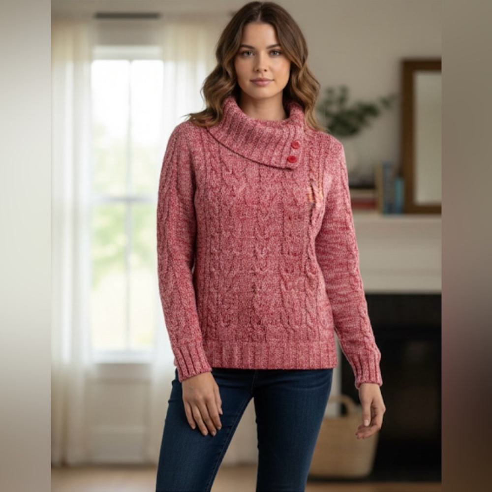 Croft & Barrow Cowl Neck Button Cable Knit Sweater Red White Marled Sweater L